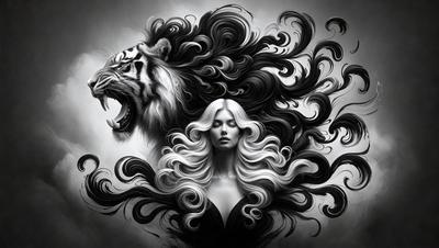 The primary subject of the image is a woman with blonde hair, who is depicted as a lioness. She is surrounded by a black and white background, which adds a dramatic and artistic touch to the scene. The visual style of the image is a combination of digital art and illustration, creating a striking and unique portrait. The colors and mood of the image are predominantly black and white, giving it a bold and striking appearance.